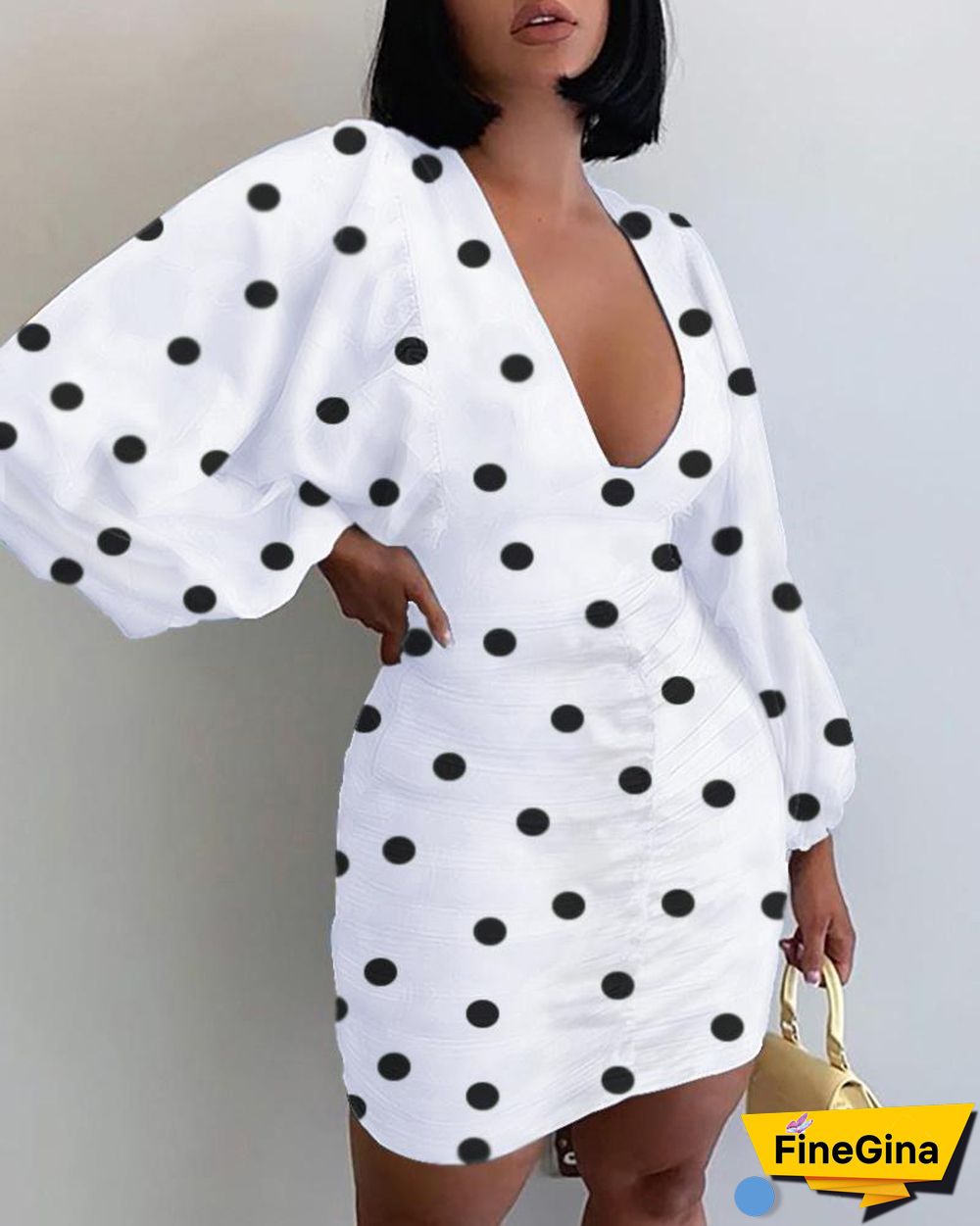 Polkadot Print Lantern Sleeve Ruched Dress
