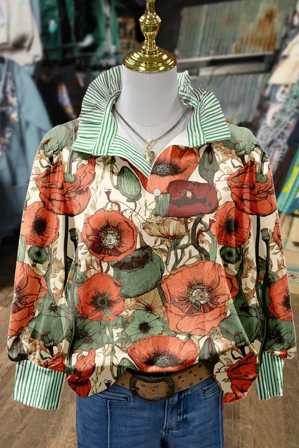 Colorful Floral Print Striped Top