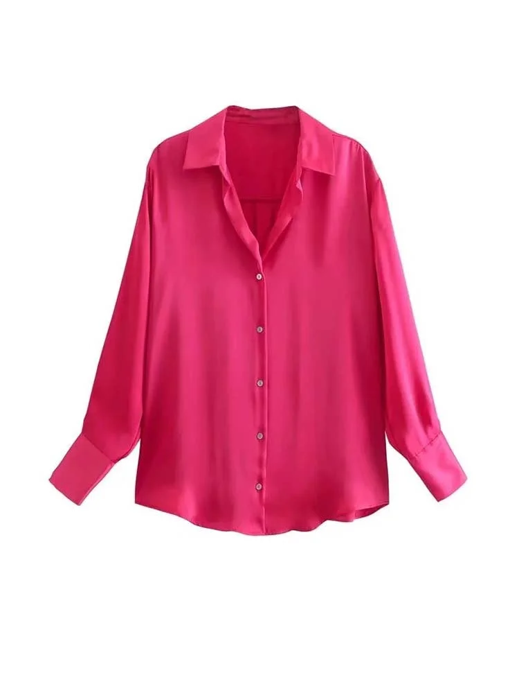 Woman Vintage Solid Satin Blouse Shirts Female Fashion Casual Long Sleeve Button Up Shirt 2022 Ladies Chic Pink Overshirt Top