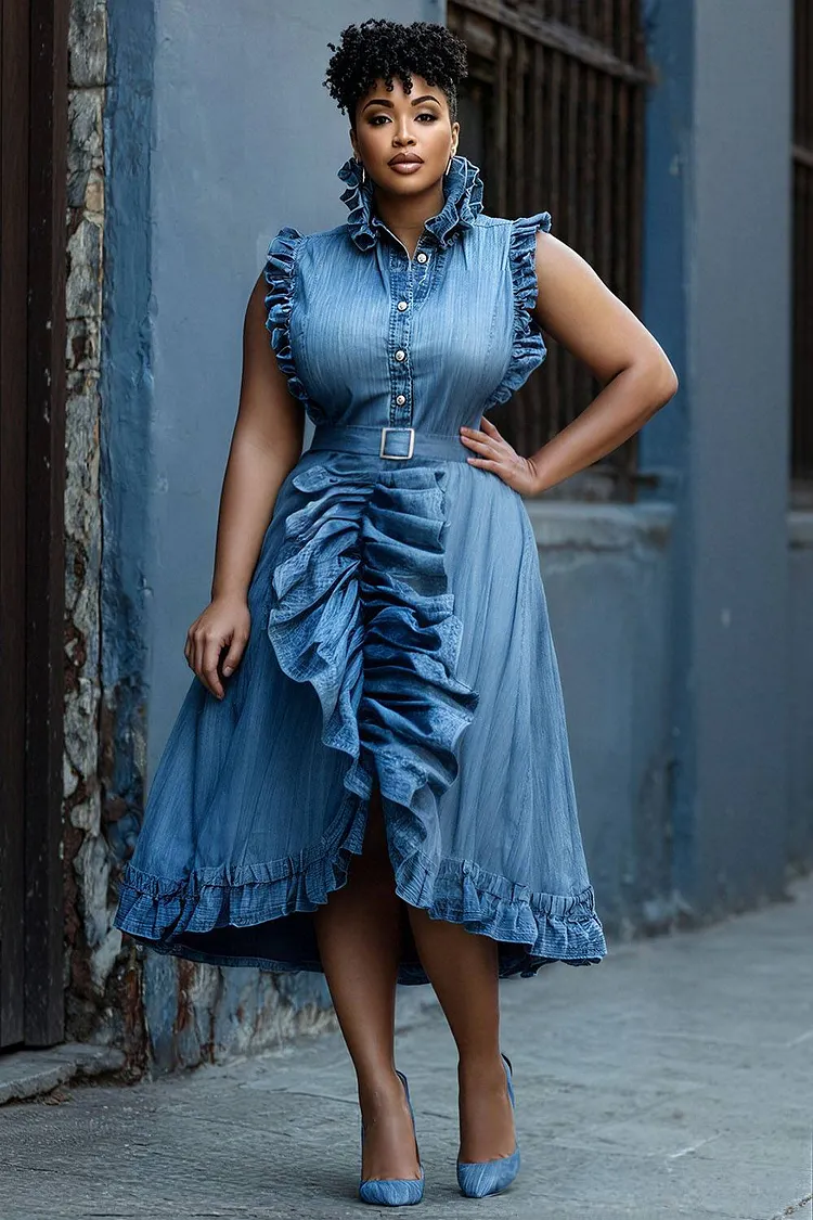 Xpluswear Design Plus Size Business Casual Casual Light Blue Shirt Collar Ruffle Pocket Tencel Denim Midi Dresses [Pre-Order] 2024 - Xpluswear