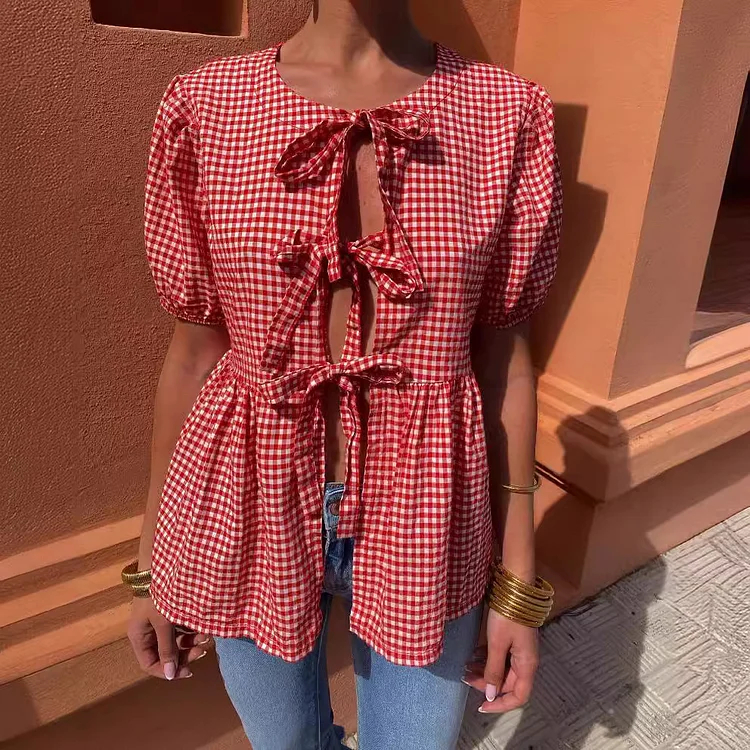 Puff sleeve Plaid Printed Lace up Shirt 