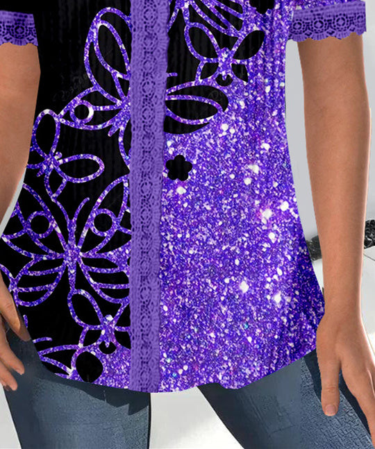 Women Short Sleeve V-neck Butterfly Printed Printed Graphic Lace Tops