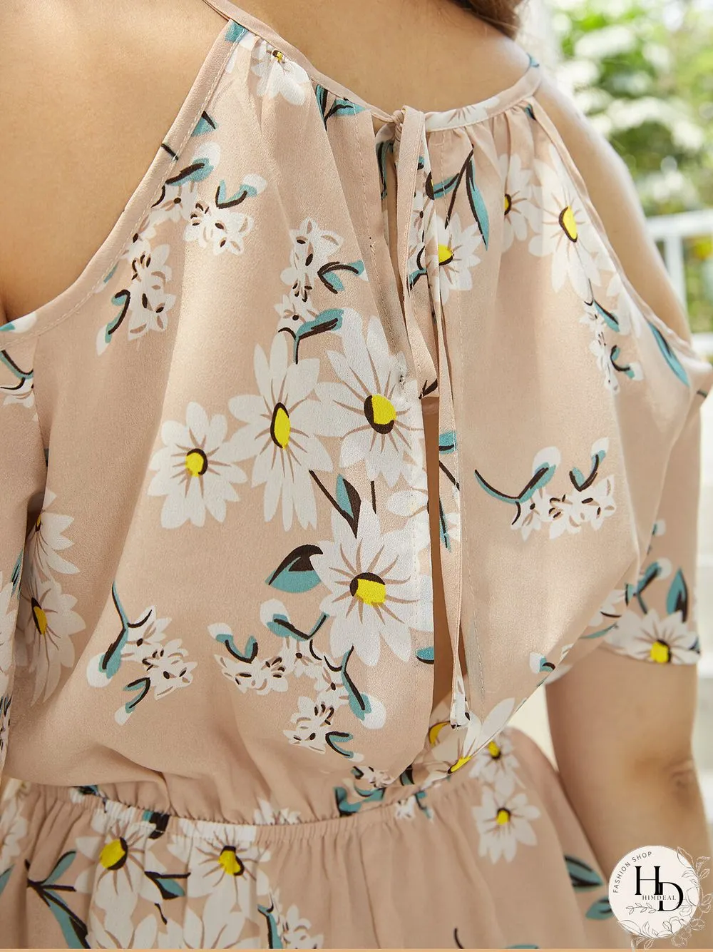 Floral Print Cold Shoulder Cut Out Short Sleeve Romper