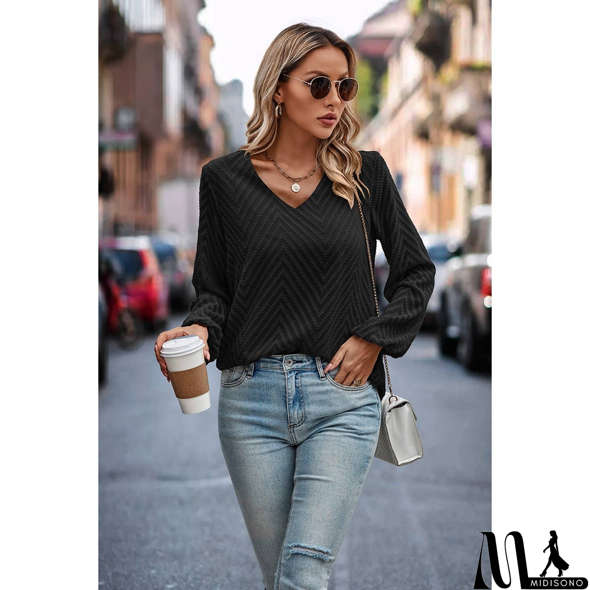 MidiSono - Chevron V Neck Long Sleeve Loose Top