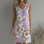 Women's Vintage Rose Art V-neck Sleeveless Mini Dress - Image 4