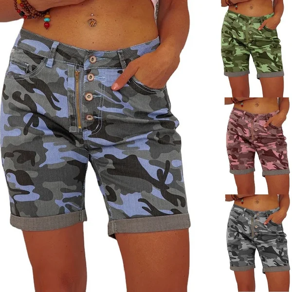 Women Summer Denim Shorts Button Zipper Camouflage Printing Slim Stretch Jeans Shorts