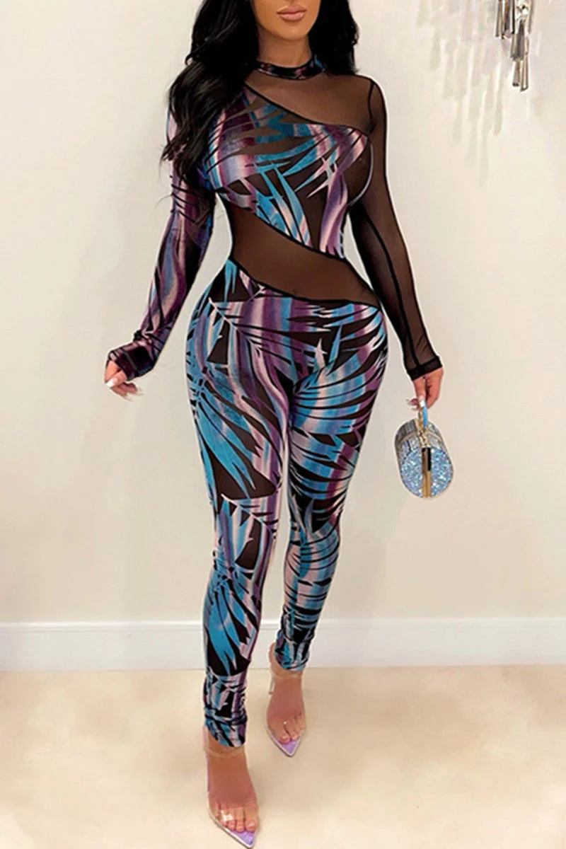 Fashion Sexy Print Split Joint See-through O Neck Skinny Jumpsuits