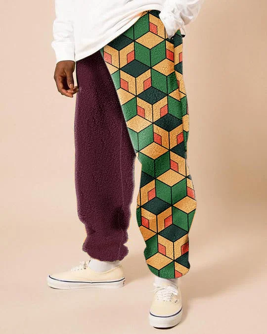 Contrasting trendy brand printed polar fleece trousers