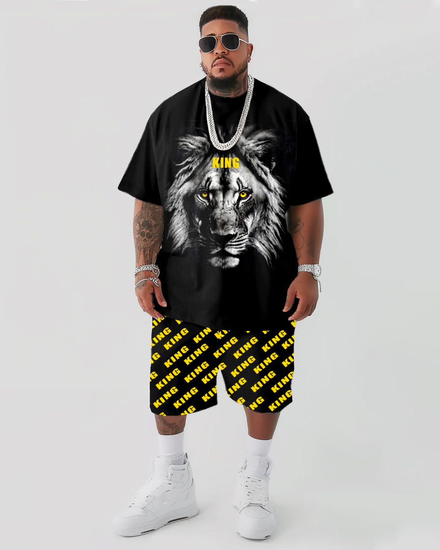 3D Lion Print T-Shirt Shorts Suit Men's Plus Size