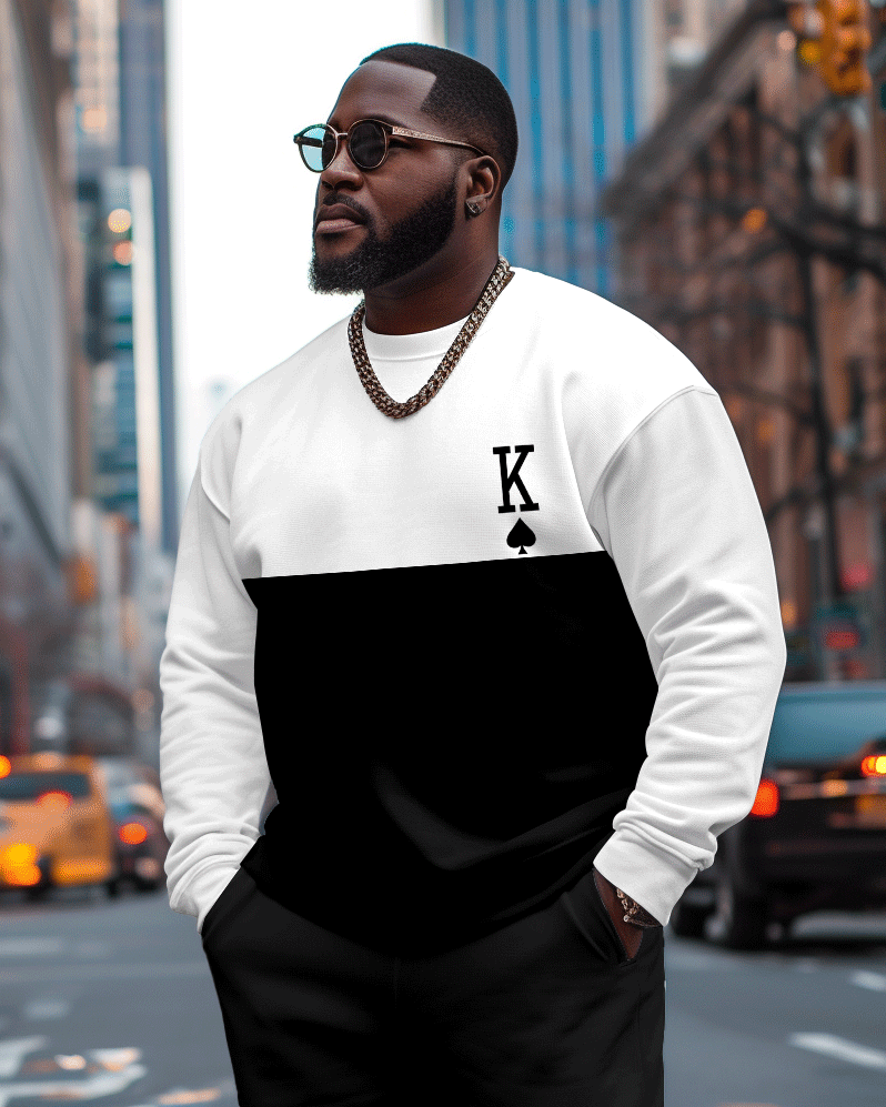 Men's Plus Size Street Fashion Colorblock Spades King Print Casual Long Sleeve Sweatshirt