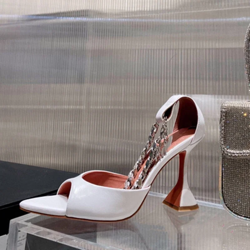 2021 New European and American Peep Toe Chain Rhinestone Genuine Leather Pointed High Heels Sandals Summer Women