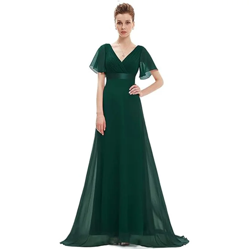 Uveng Uveng Sales Of Large Swing V-Neck Dress Chiffon Elastic Banquet Festival Annual Bridesmaid Performance Evening Dress Woman