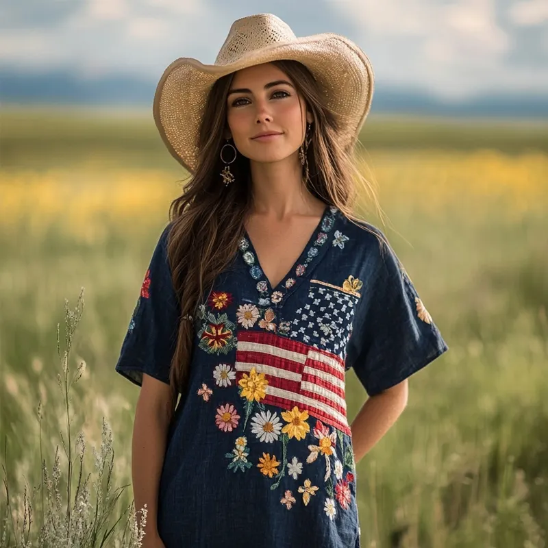 Independence Day Flag & Flowers Embroidered Cozy Linen Shirt elevenforest