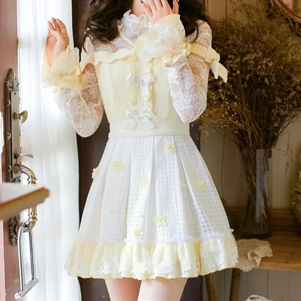 Yellow White Daisy Princess Lace Dress SP178951