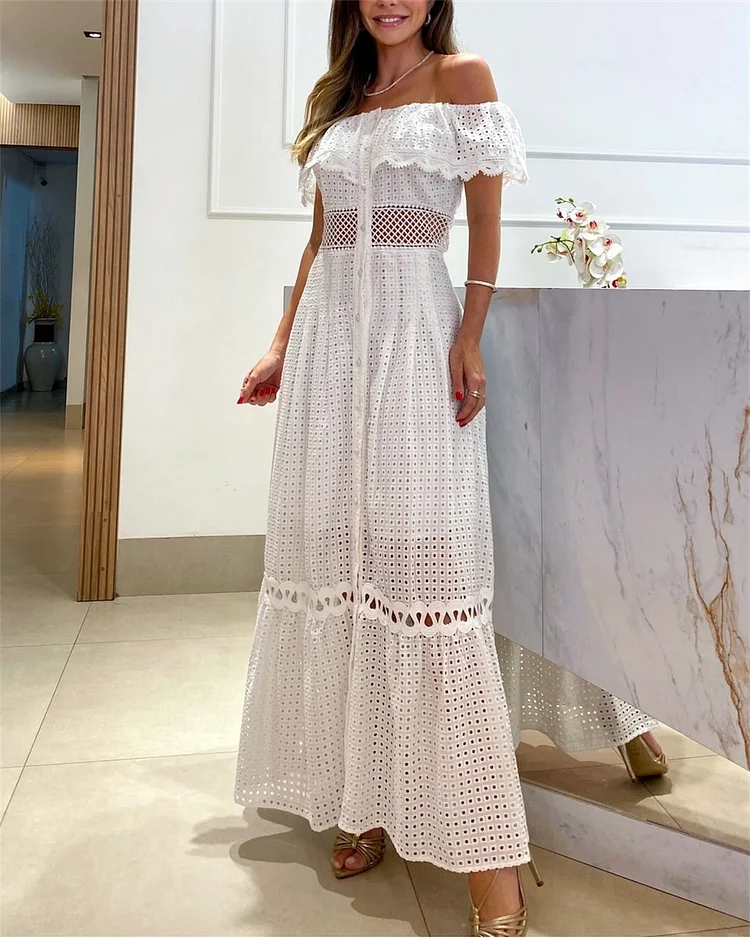 Casual One Shoulder White Hollow Dress