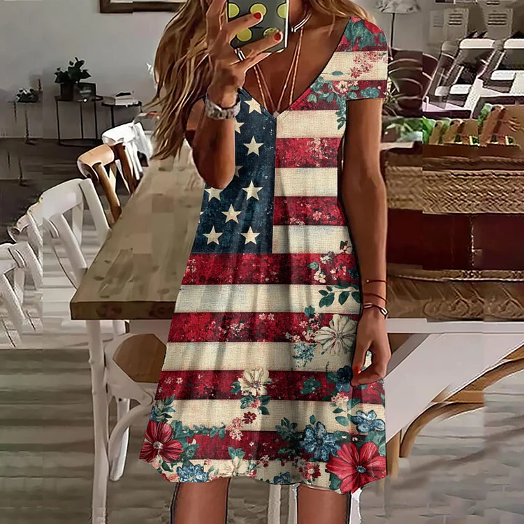 VChics Women's Vintage Independence Day Flag Floral Art Print Casual V Neck Dress