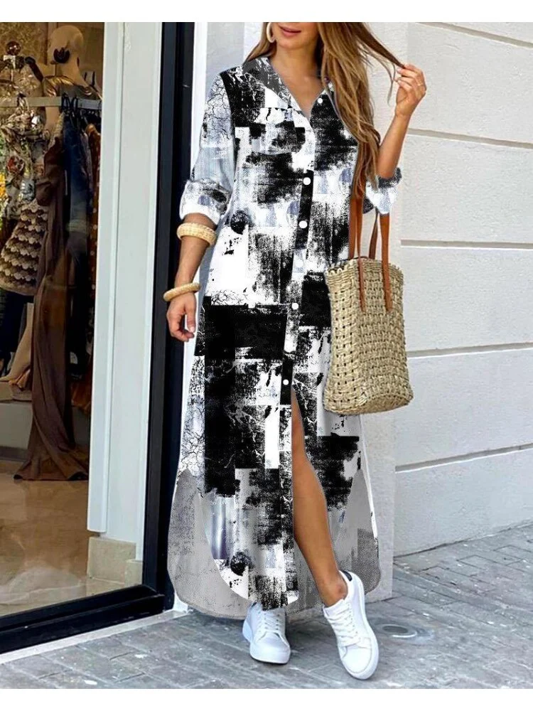 Woherb Dresses for Women S~5xl Scarf Chain Print Button Down Shirt Dress Y2k Vestidos De Mujer Casual Elegant Midi Robe Female-Outfit Ideas