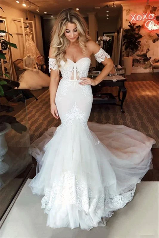 Luluslly Lace Wedding Dress With Detachable Sleeves Sweetheart Mermaid Bridal Gown