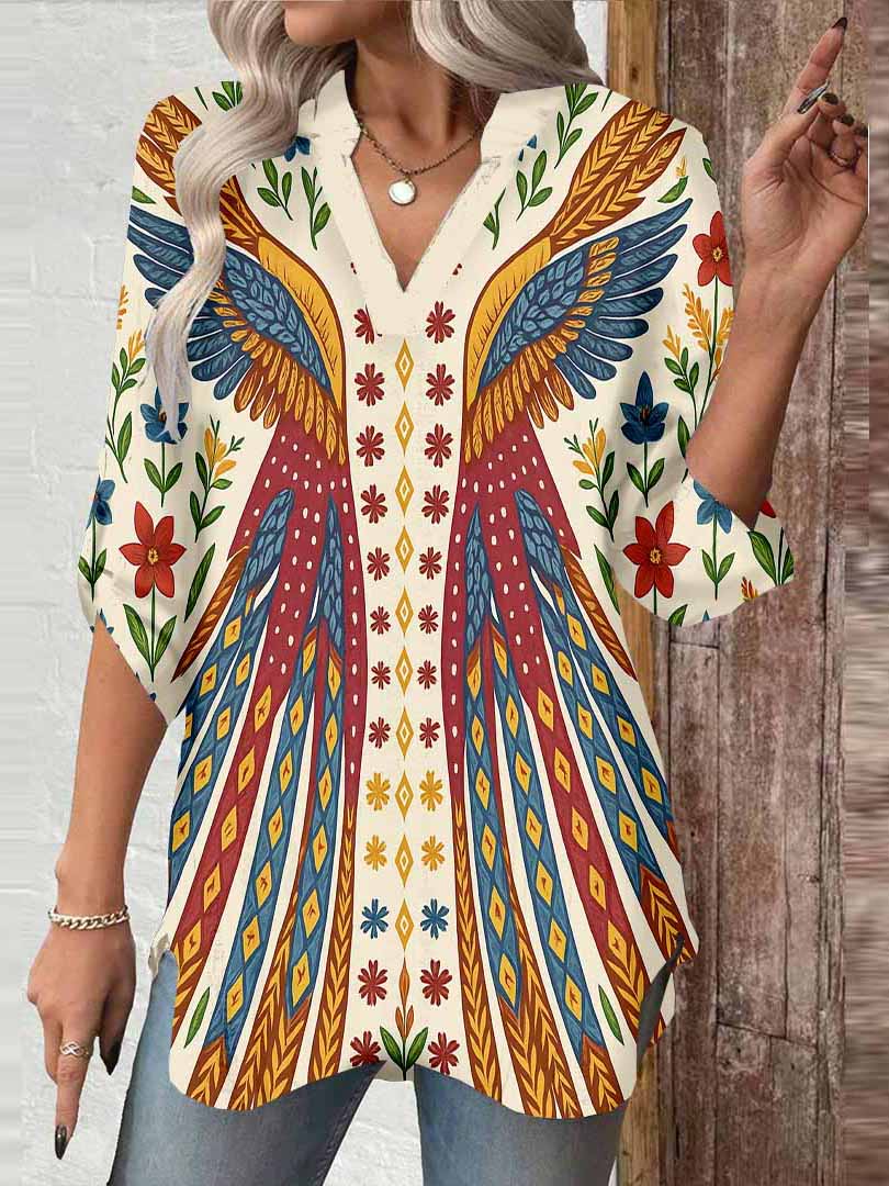Women Flowers, Red, Blue DZGA0376 3/4 Sleeve V-neck Printed Graphic Button Tops