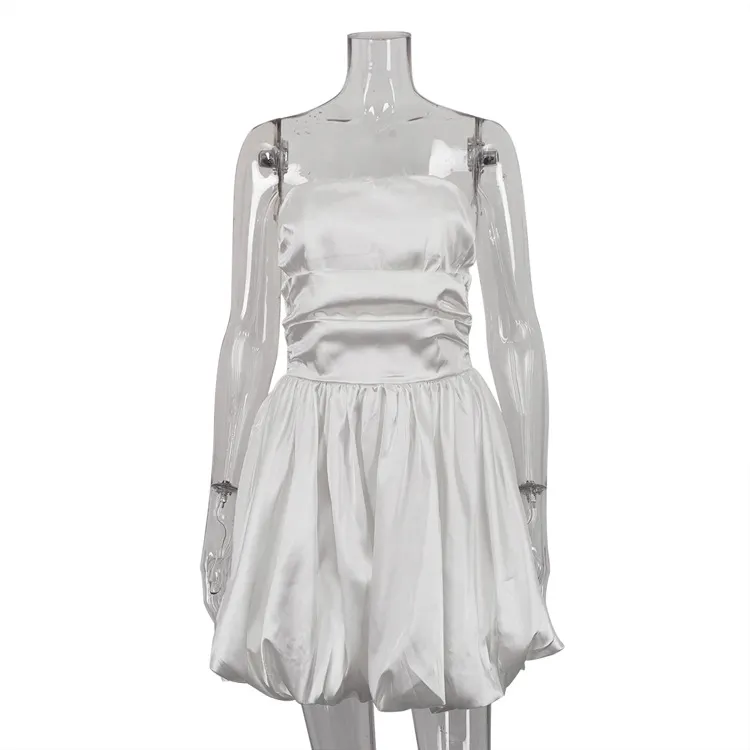 Elegant Strapless Pleated Mini Dress Satin Puff Hem Party Dress