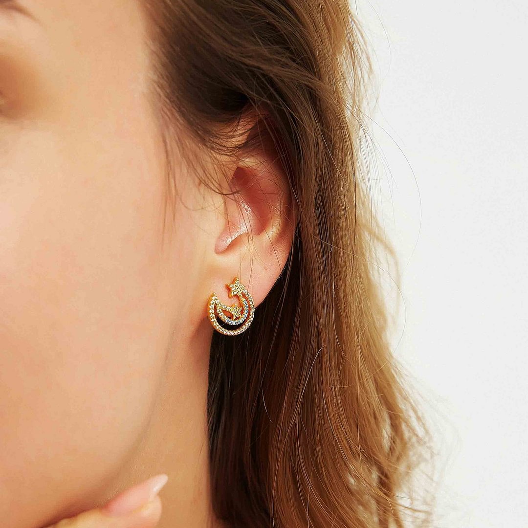 Sparkling Infinity Cute Colorful Shooting Star Studs 14K Gold Earrings