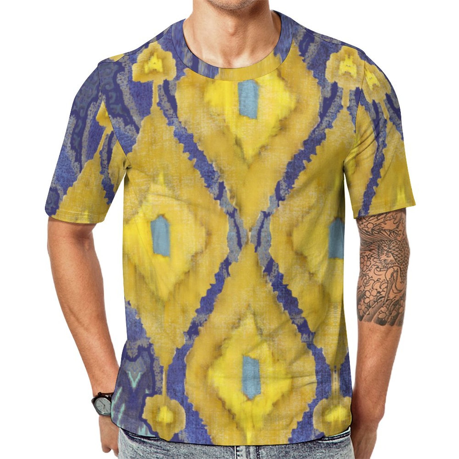 Ikat Uzbekistan Antique Tribal Blue Yellow Short Sleeve Print Unisex Tshirt Summer Casual Tees for Men and Women Coolcoshirts