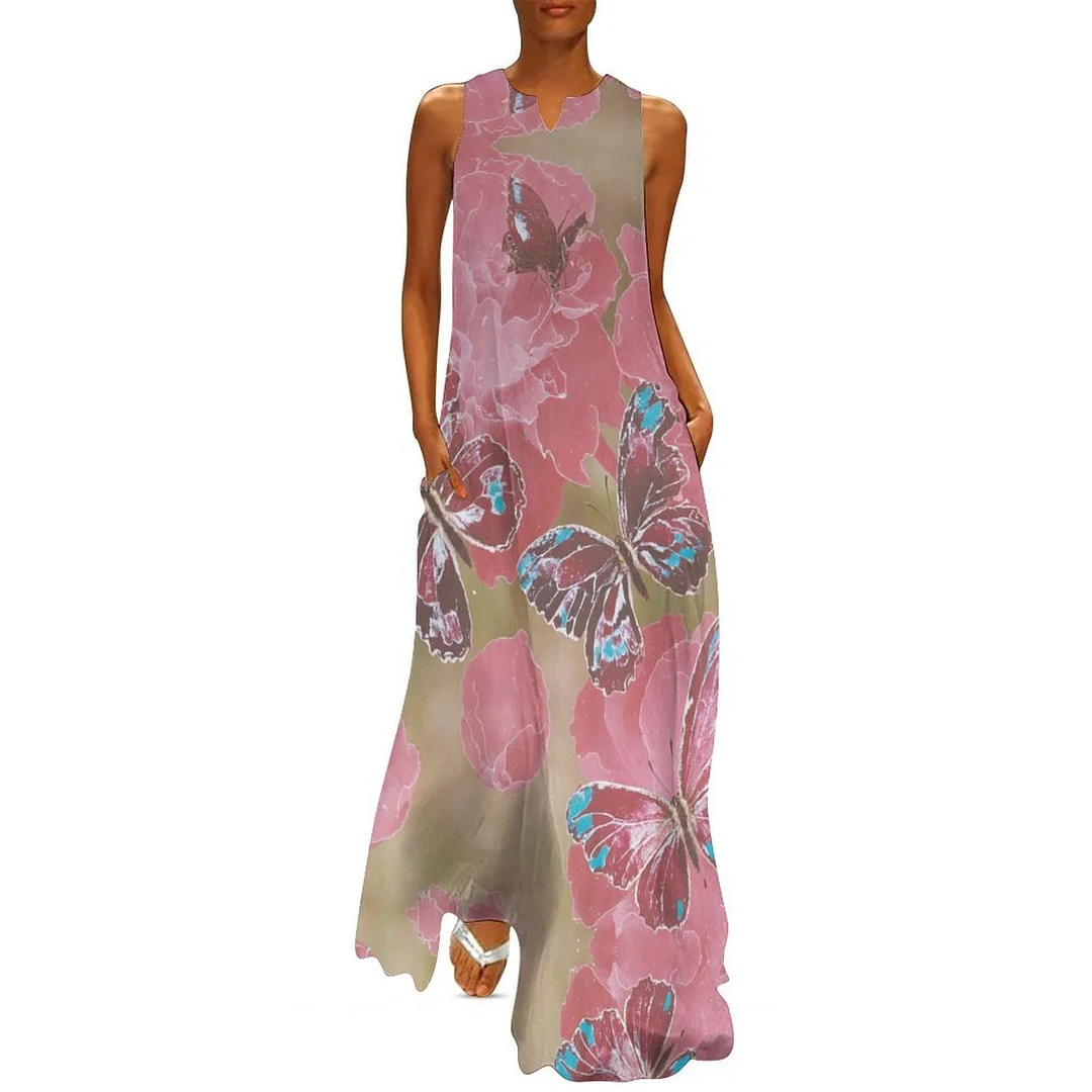 Style & Comfort for Mature Women Plus Size Printed Sleeveless Casual Women Maxi Dress with Pockets in Pattern Pink, Floral, Butterfly