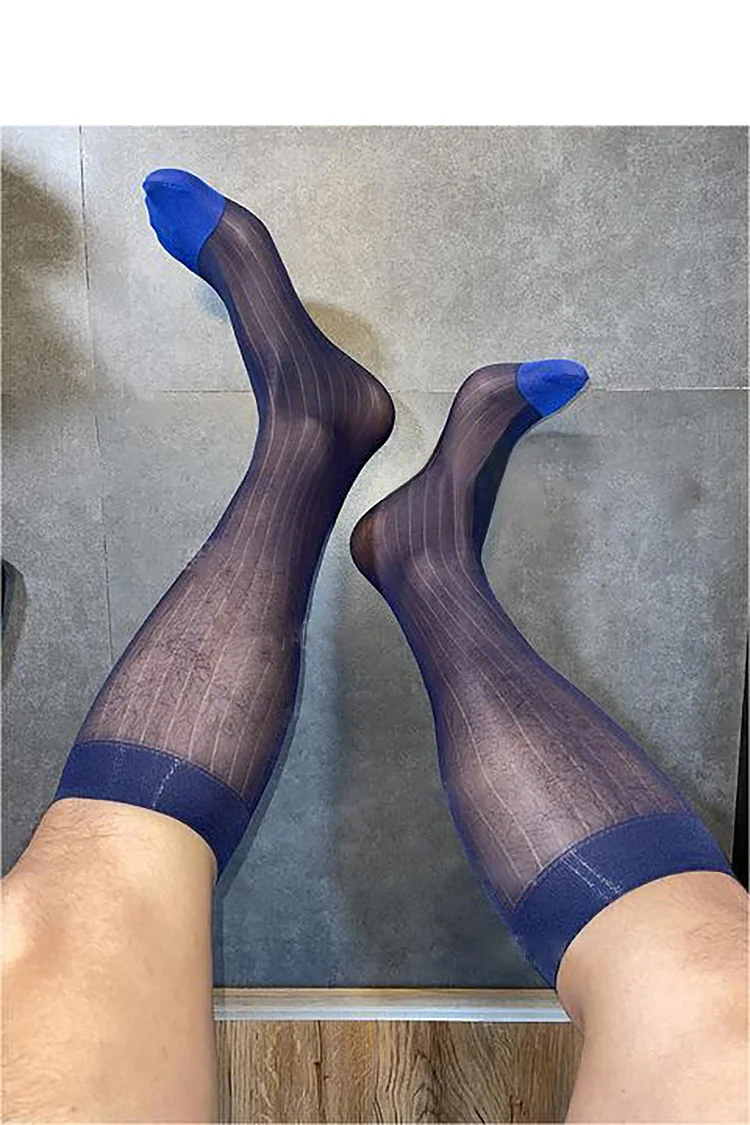 Men's Mesh See Through Striped Print Solid Color Long Stockings