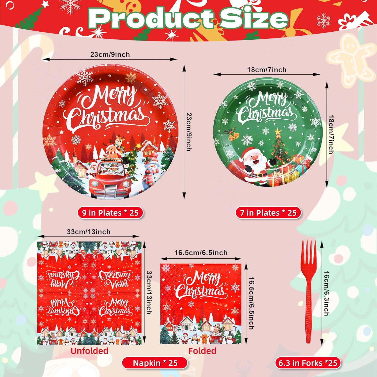 Tegooe 100-Piece Disposable Christmas Tableware Set Serves 25 Guests Paper Plates Napkins