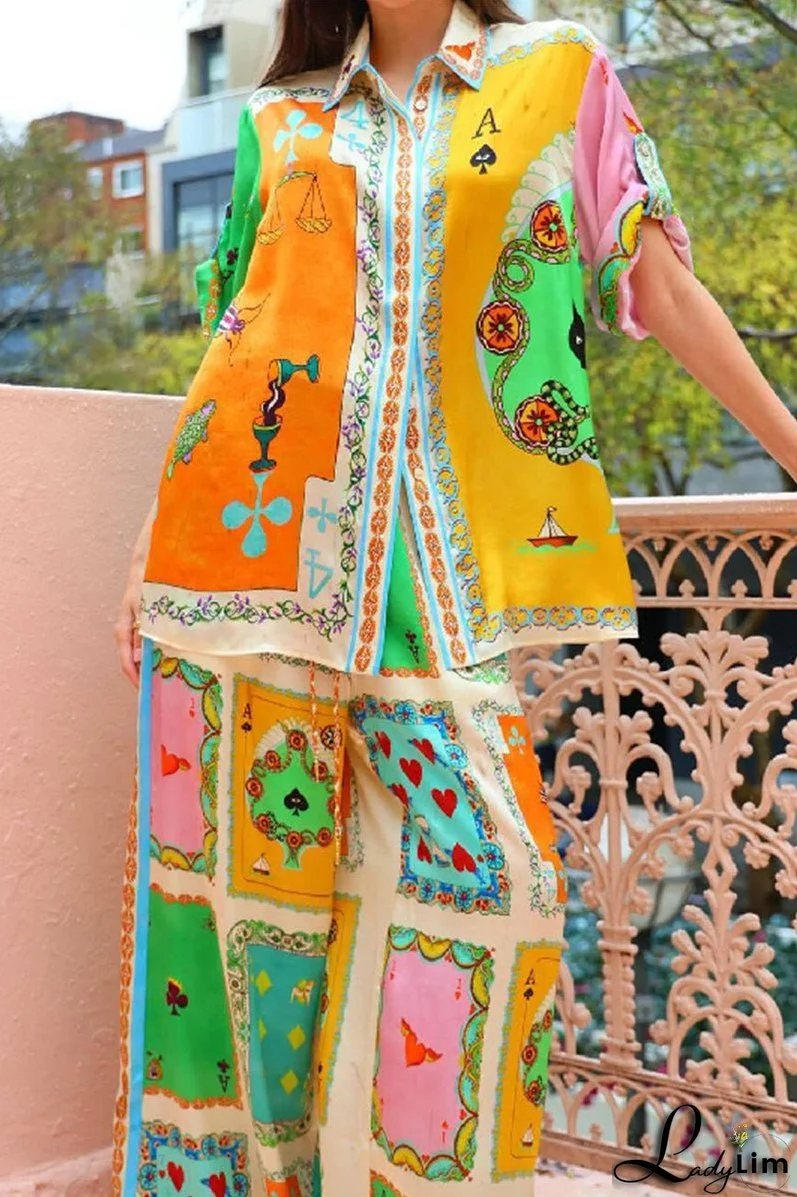 Casual Street Digital Letter Print Contrast Turndown Collar Short Sleeve Two Pieces