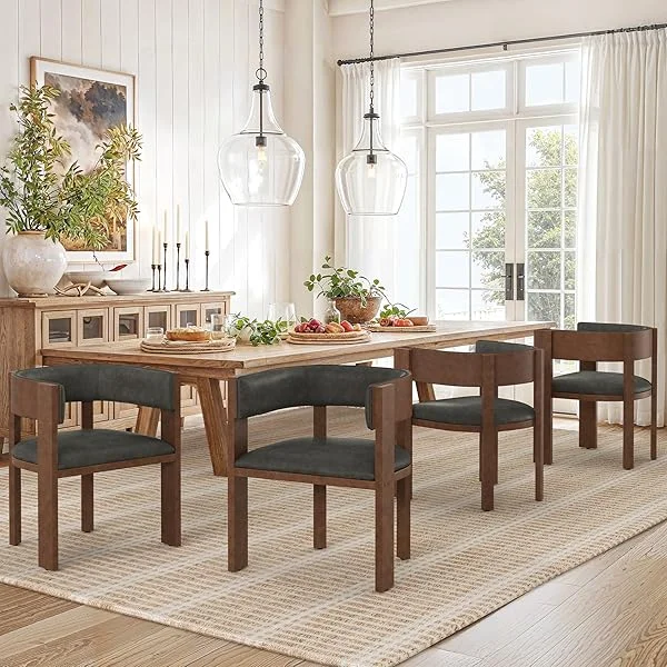 Barrel Dining Chairs Set of 4, Boucle Dining Chairs with Curved Backrest & Wood Frame, Leather Upholstered Dining Chair for Kicken Room, Black 4 Black