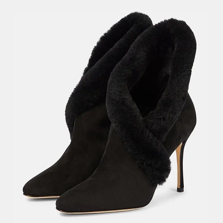 TAAFO Black Pointy Toe Suede Boot Stiletto Heels Furry Ankle Boots Ladies Shoes Thigh Boot