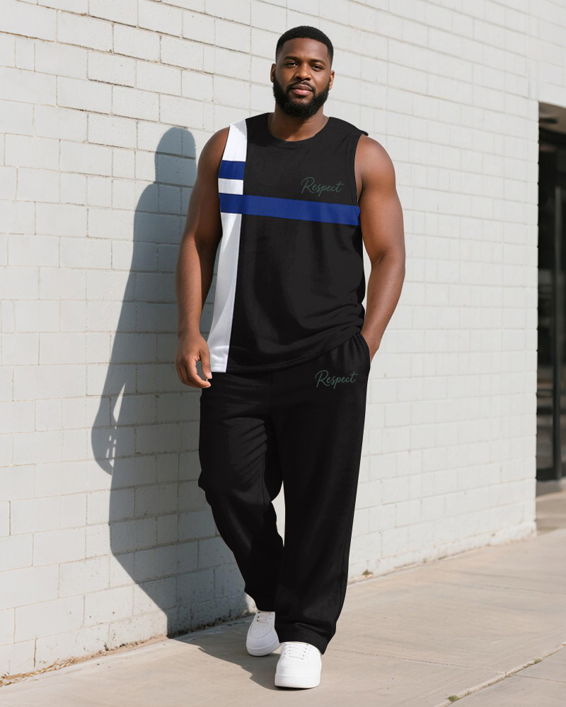 Big & Tall Men's Black Blue Striped Alphabet Print Tank Top Trousers Suit