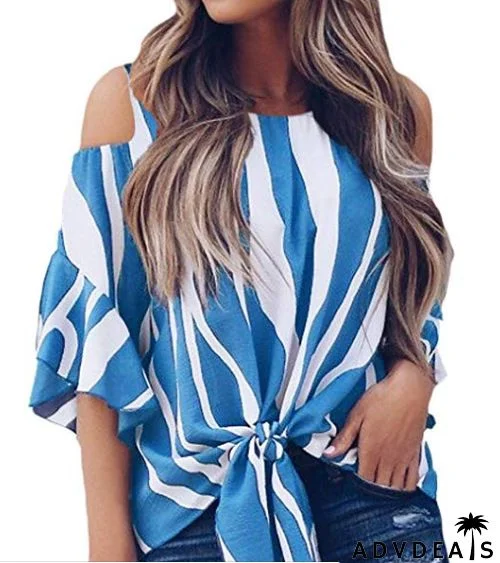Off The Shoulder Blue White Vertical Stripes Blouse