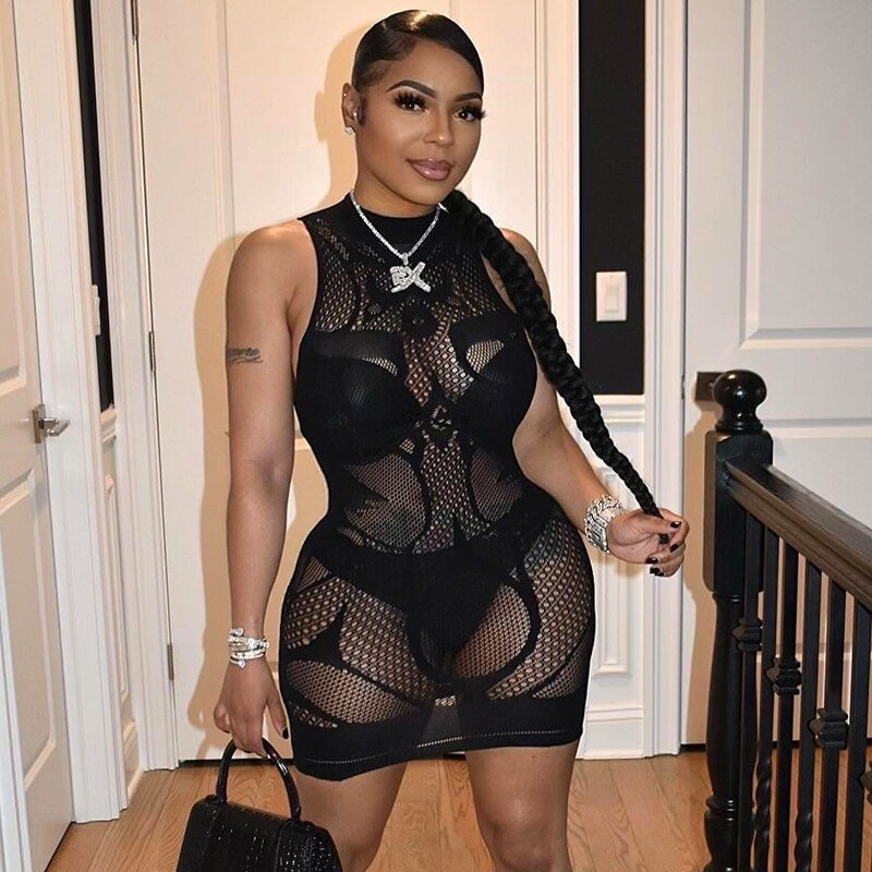 Weird Puss Hollow Sexy Dress Women Midnight Party See Through Elastic Skinny Mini Bodycon Solid Round Neck Sleeveless Clubwear