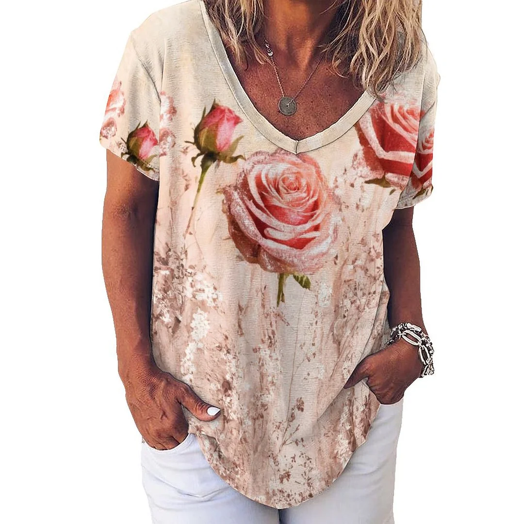 V-neck Short Sleeve Casual T-shirt for  Women Printed with Pattern Floral, Glitter, Pink