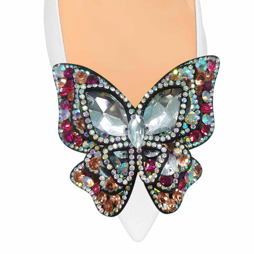 Vegan Leather Butterfly Pointed Toe Rhinestone White Pumps