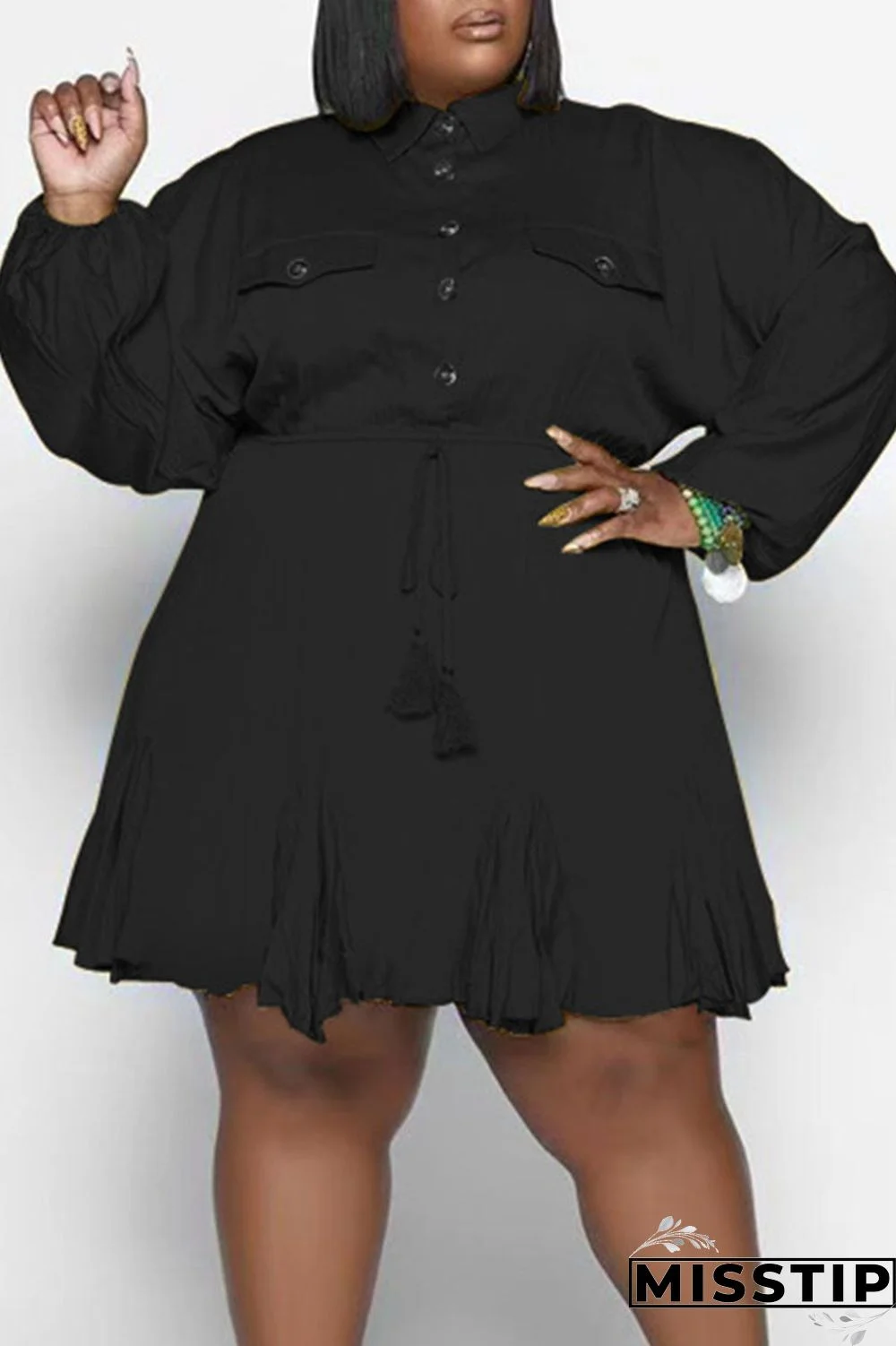 Orange Casual Solid Patchwork Buckle Fold Turndown Collar Straight Plus Size Dresses