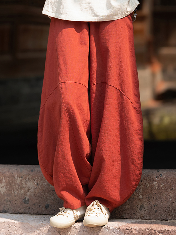 Casual Ramie Solid Color Wide-Leg Lantern Pants