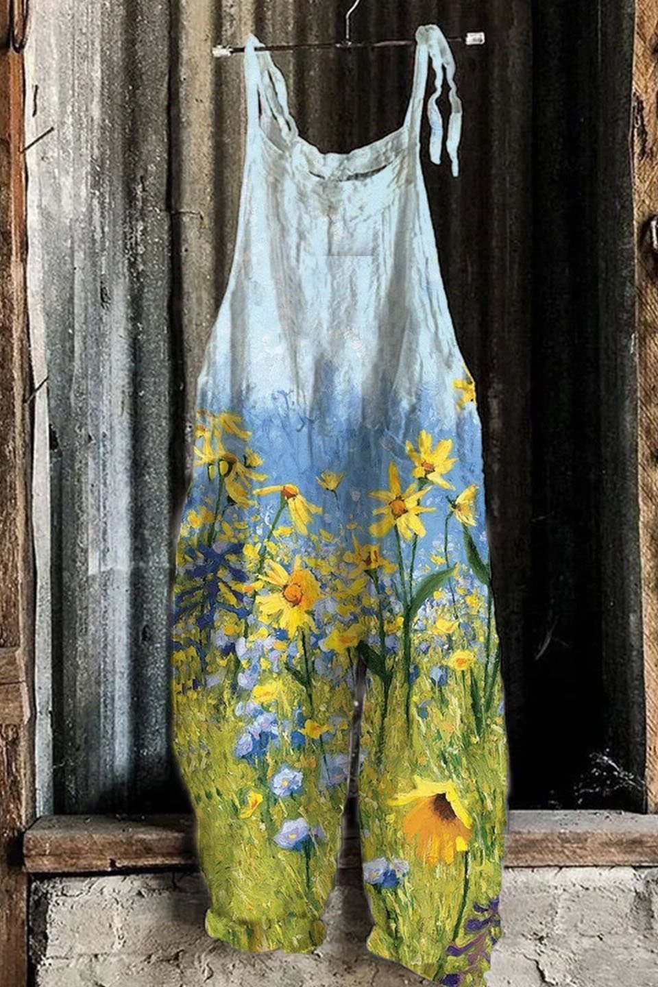 Sunflower print casual overalls