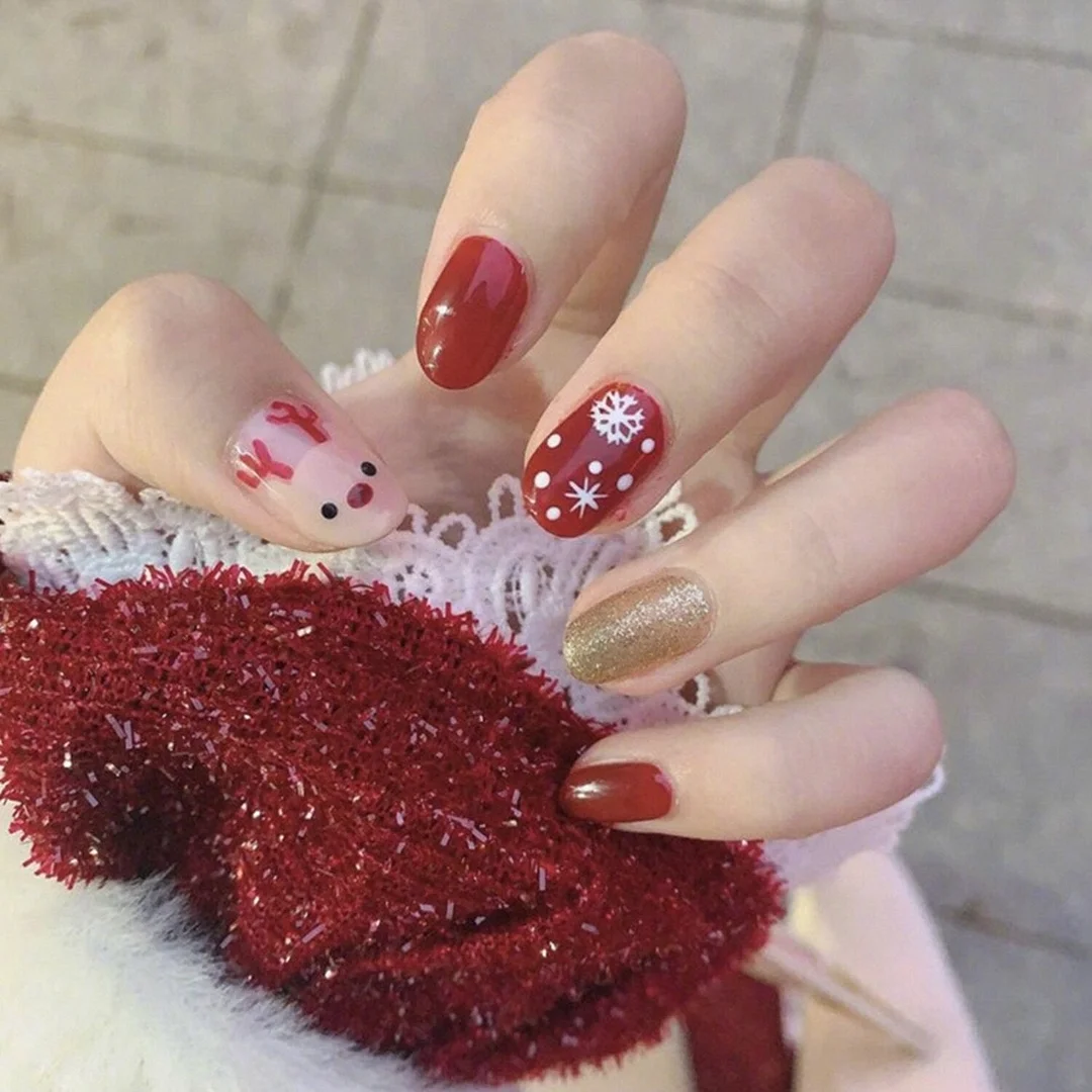 24pcs Short Christmas False Nails With Glue Snowflake Elk Fake Nail Detachable Halloween Press On Nail Tips Nail Art Decoration-Nail Inspo