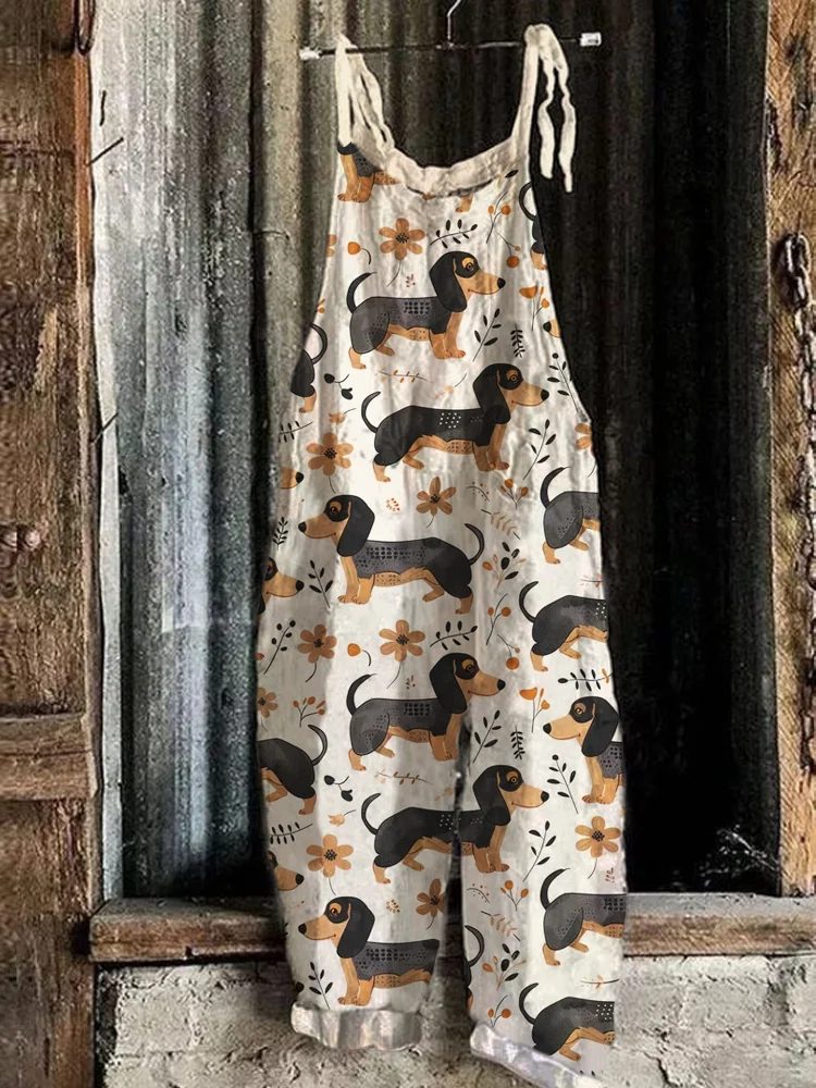 Utbros Dachshund Dogs Puppy Pattern Linen Casual Jumpsuit