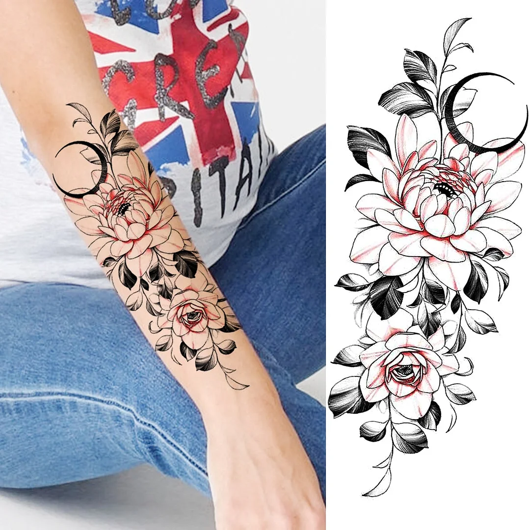 Black Rose Flower Snake Temporary Tattoos For Women Adult Peony Serpent Fake Tattoo Forearm Body Art Painting Waterproof Tatoos