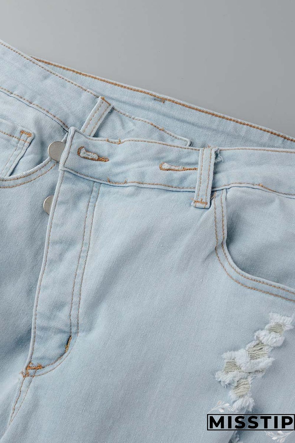 Blue Casual Solid Ripped Patchwork High Waist Regular Denim Jeans