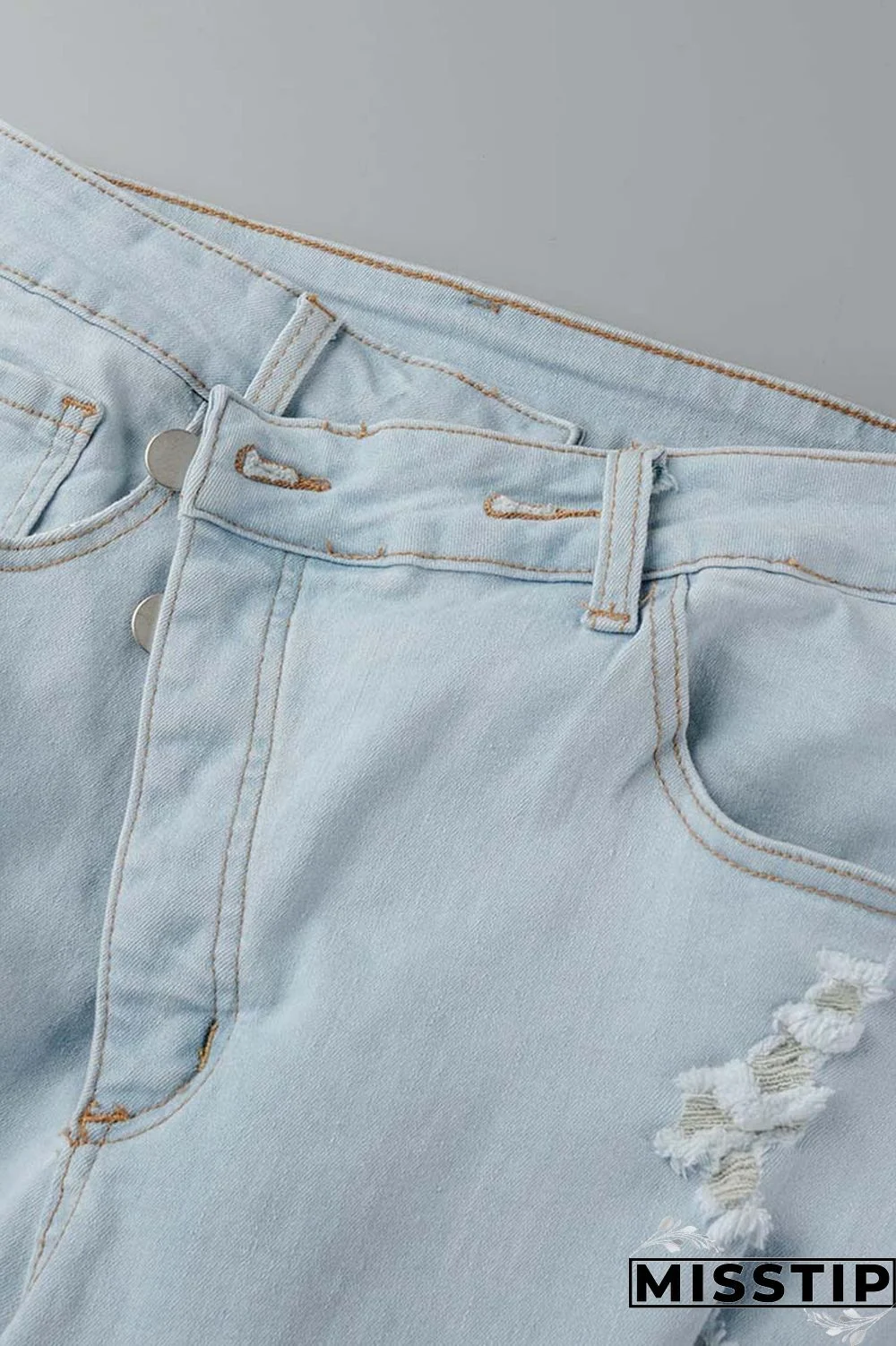 Blue Casual Solid Ripped Patchwork High Waist Regular Denim Jeans