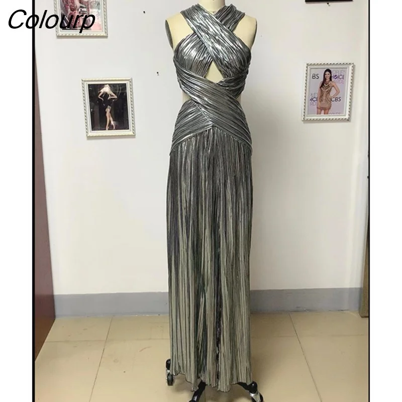 Colourp Runway Fashion Summer Style Silver Color Women Sleeveless Haler Floor-Length Dress Elegant Evening Party Dress