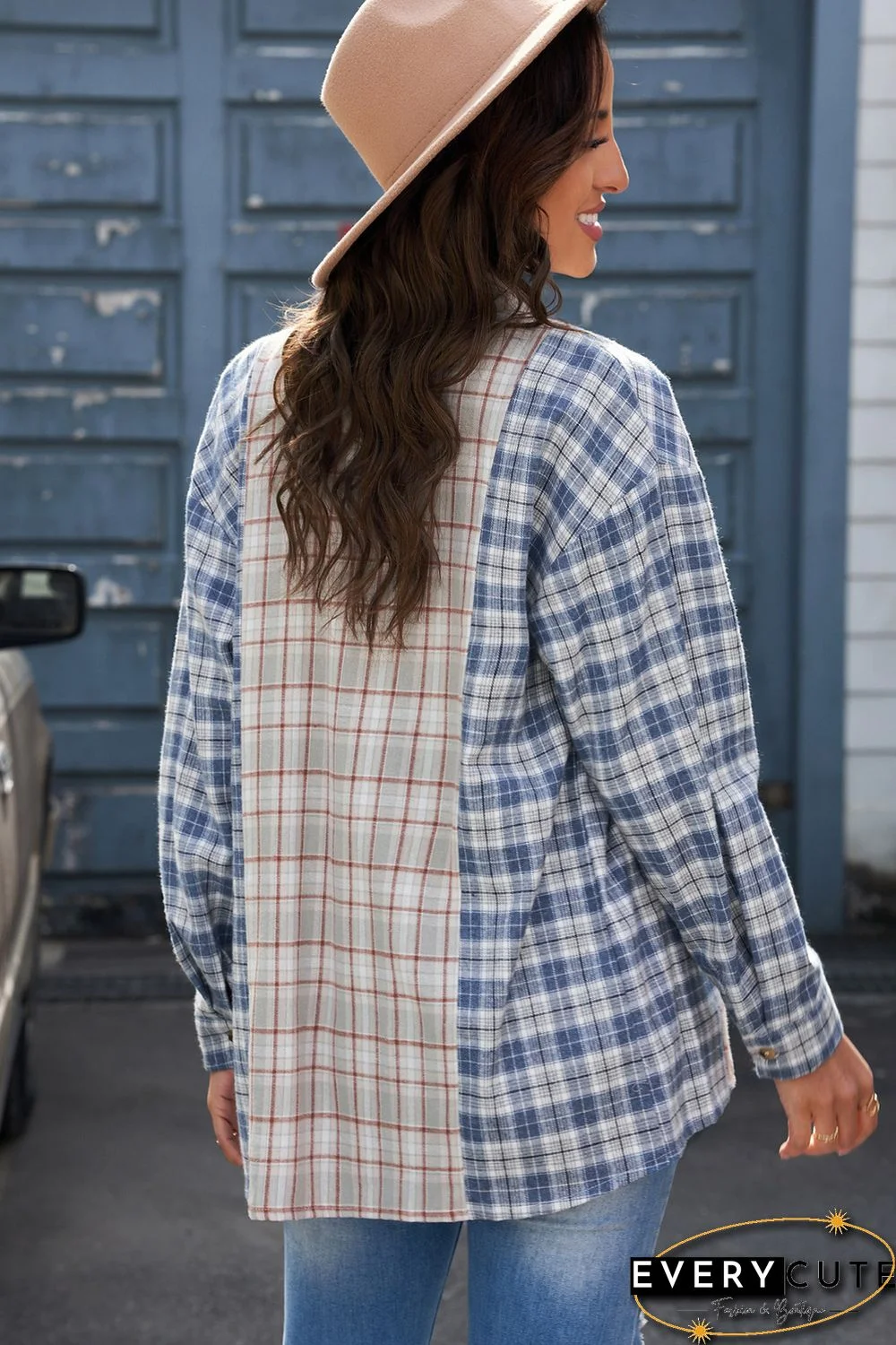 Sky Blue Plaid Color Block Pocket Button-up Long Sleeve Shirt