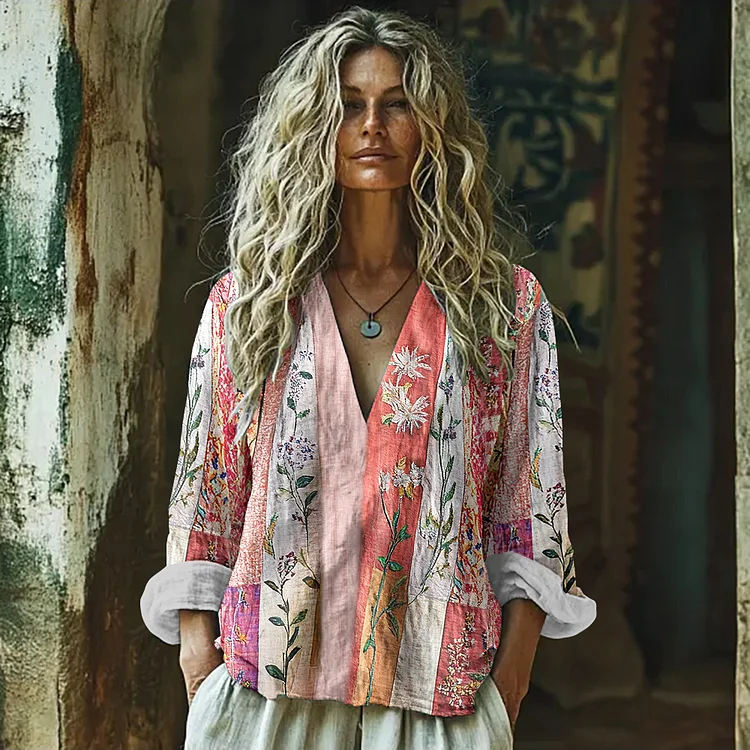 Simpfit Vintage Boho Bohemian Ethnic Floral Patchwork Leinen V-Ausschnitt Tunika