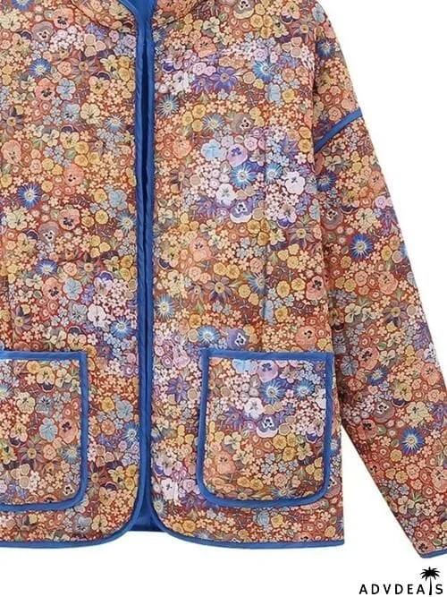 Floral Open Front Puffer Jacket with Pockets