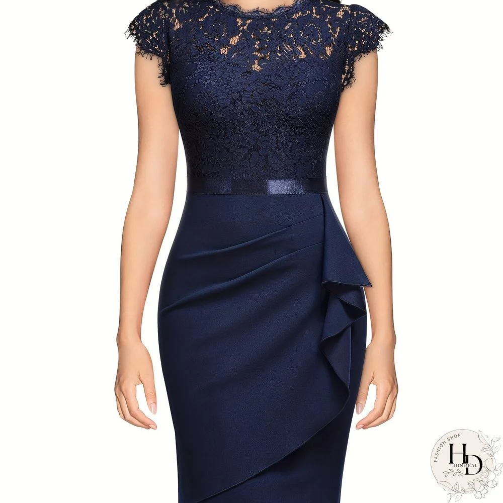 Solid Lace Bodycon Dress, Elegant Asymmetrical Hem Dress For Party & Banquet, Wedding Dress, Women's Clothing